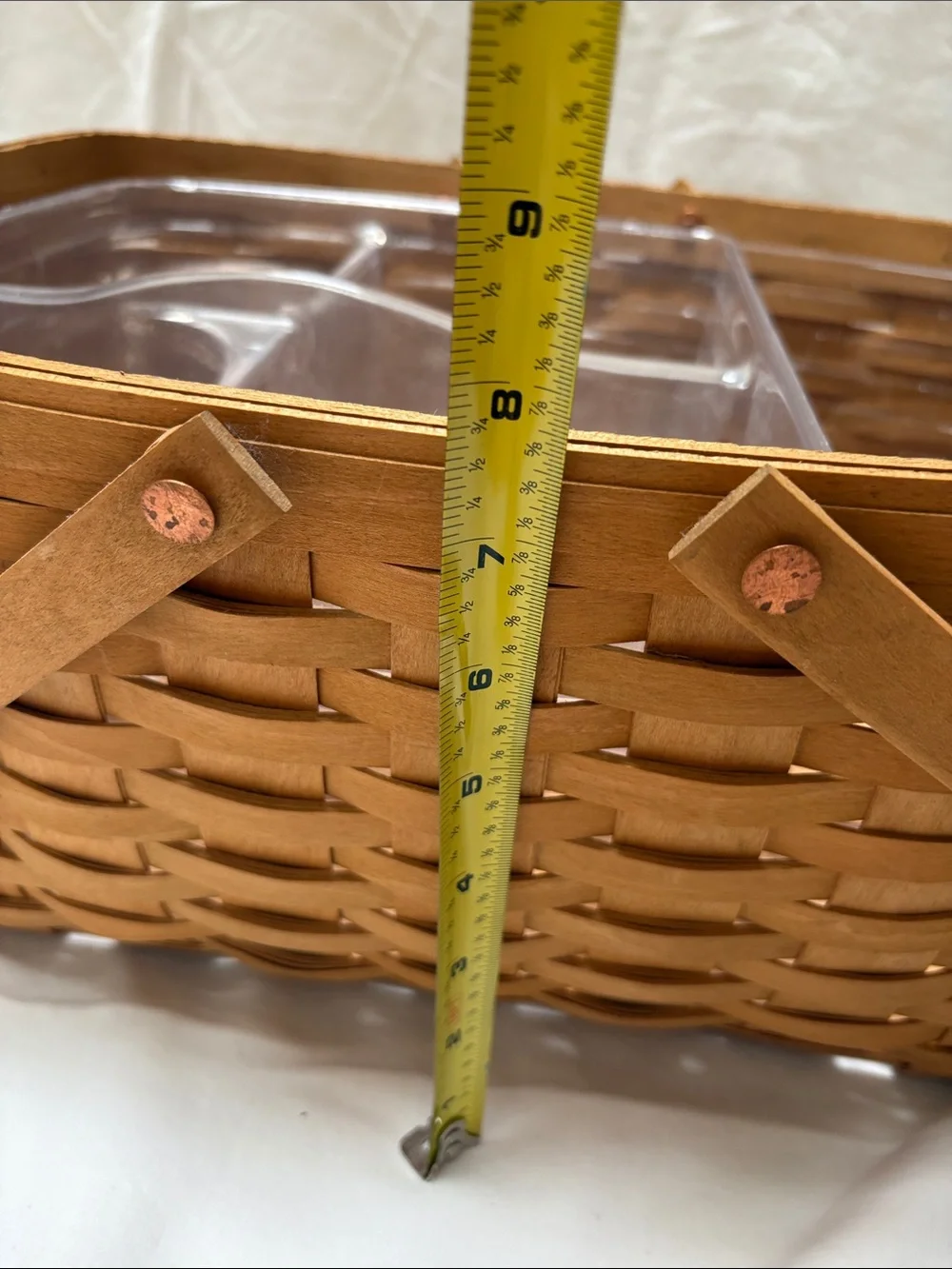 Longaberger wood market basket with hinged handles and plastic inserts